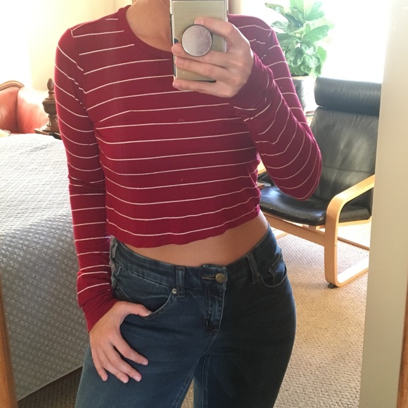 Forever 21 Tops - FOREVER 21 RED AND WHITE STRIPED CROP TOP